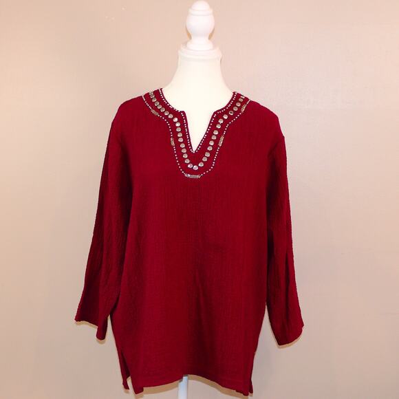 Cathy Daniels 3/4 sleeve Embellished Crinkle Gauze Top SZ L FREE SHIPPING - Picture 2 of 7